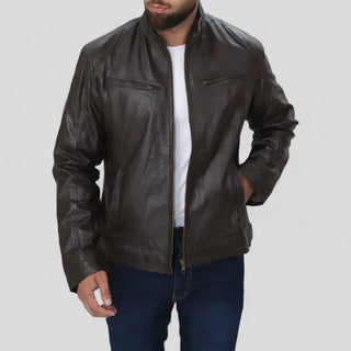 Slim Fit Brown Leather Biker Jacket for Men