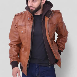 Grey Hooded Men's Brown Leather Jacket – Removable Hood