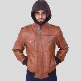 Men's Brown Leather Jacket with Detachable Grey Hood