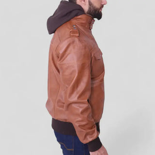 Stylish Men's Leather Jacket in Brown with Removable Grey Hood