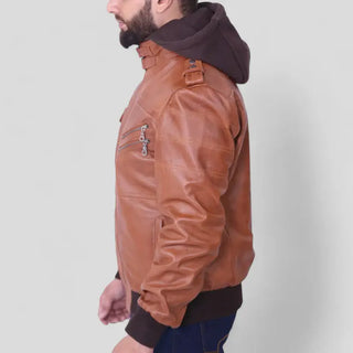 Men's Distinctive Brown Leather Jacket with Removable Hood