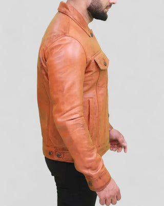 Men's Light Brown Leather Trucker Jacket – Classic Fit
