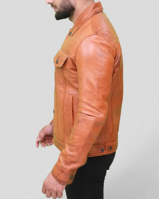 Light Brown Men's Leather Trucker Jacket – Classic Look
