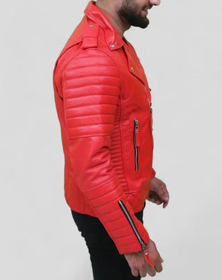 Quilted Red Leather Asymmetrical Jacket for Men