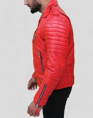 Men's Red Asymmetrical Quilted Leather Moto Jacket