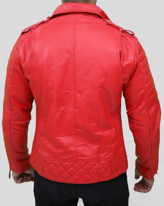 Men's Red Quilted Leather Jacket with Asymmetrical Cut