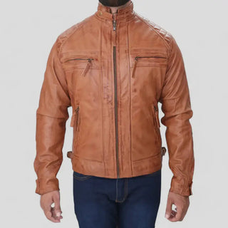 Men's Tan Biker Fashion Slim Fit Pure Leather Jacket