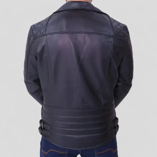 Black Quilted Leather Biker Jacket for Men