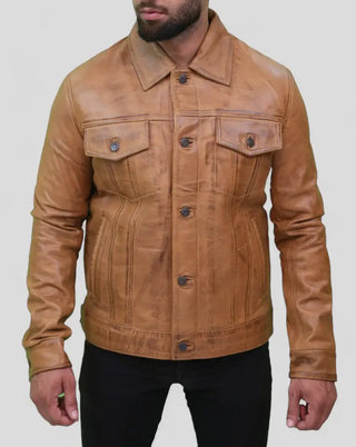 Mens Camel Brown Trucker Leather Jacket