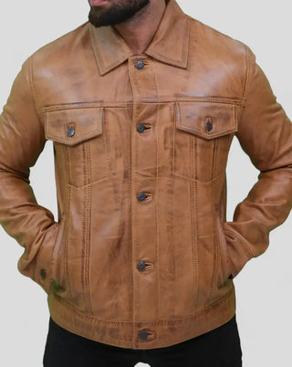 Stylish Camel Brown Leather Trucker Jacket