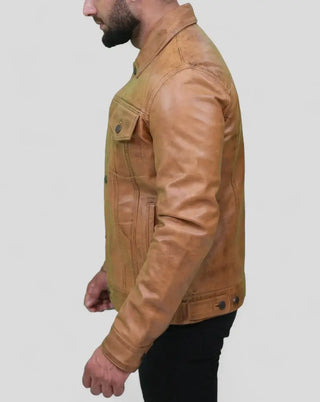 Men's Casual Camel Brown Leather Trucker Jacket