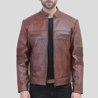 Men's Perforated Cognac Waxed Leather Cafe Racer Jacket