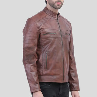 Men's Tall Cognac Waxed Leather Racer Jacket