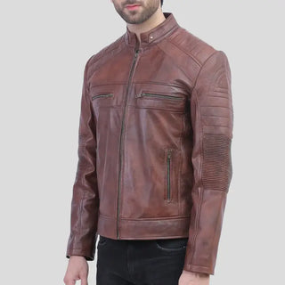 Men's Waxed Cafe Racer Leather Jacket in Cognac