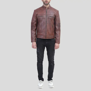 Tall Perforated Cafe Racer Waxed Leather Jacket