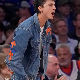 NBA Finals NY Knicks Game 4 Timothee Chalamet Chrome Hearts Blue Denim Trucker Jacket