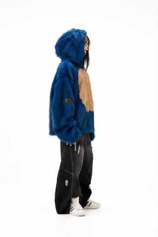 Neptun x Sonic  Faux Fur Blue Hooded Jacket For Women