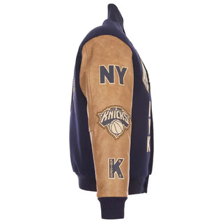 New York Knicks JH Design Full-Snap Wool & Leather Jacket - Navy/Tan
