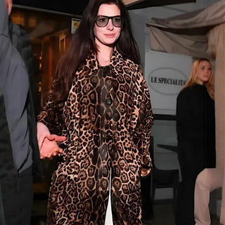 Shop Anne Hathaway 2026 Leopard Print Wool Coat