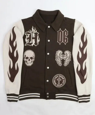 Skull x Wings Halloween Brown and White Varsity Jacket