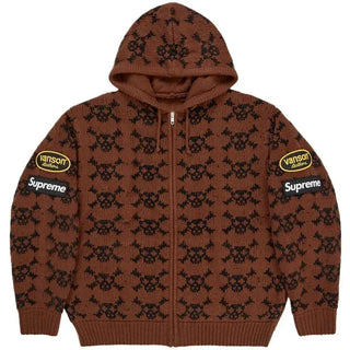 Supreme Vanson Leathers Skull Zip Up  Hooded Brown Sweater