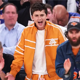 Timothée Chalamet NBA Finals Game 3 Orange Zip Tracksuit