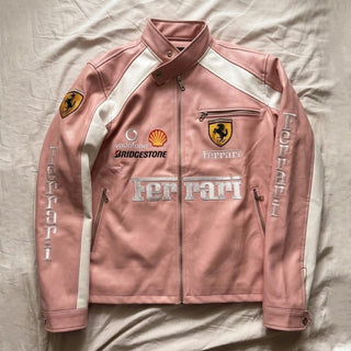 Vintage 90s Ferrari F1 Racing Pink Leather Jacket