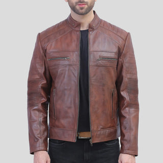 Mens Tall Perforated Cognac Waxed Cafe Racer Leather Jacket
