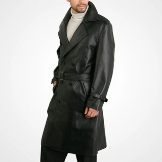 Mens black leather coat Classic Genuine Leather Trench Coat Belted Black Leather Trench Coat