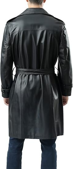 Mens black leather coat Classic Genuine Leather Trench Coat Belted Black Leather Trench Coat