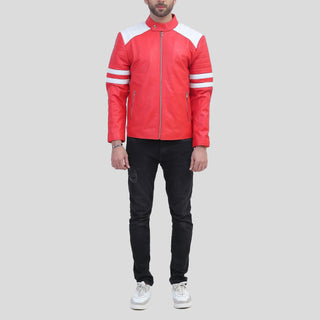 Red Leather Motorcycle Jacket with White Stripes