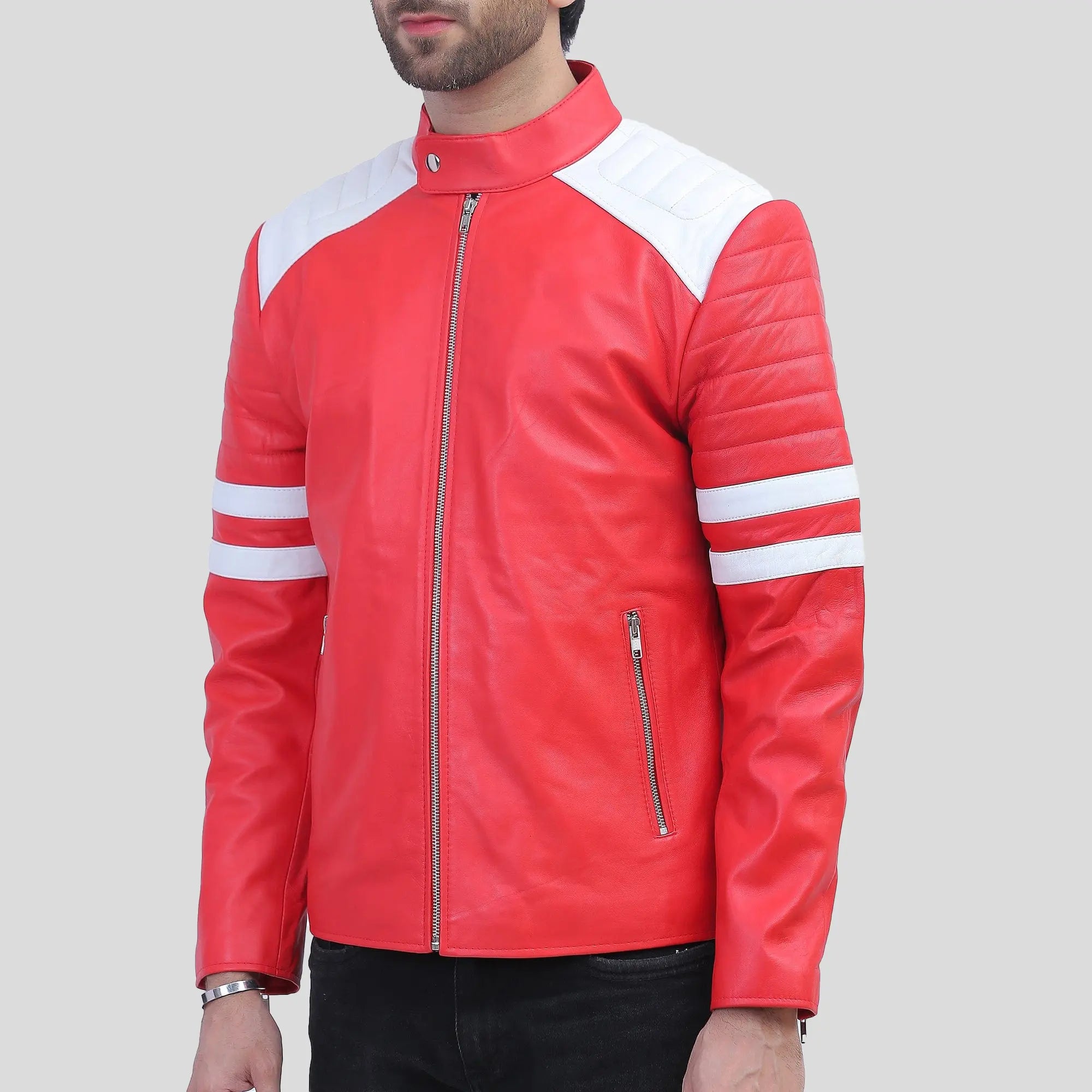 Red leather jacket with white stripes discount
