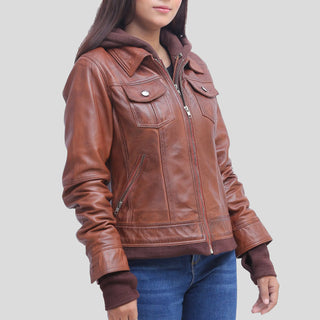 women tan leather jacket