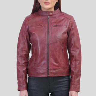 women maroon biker jacket