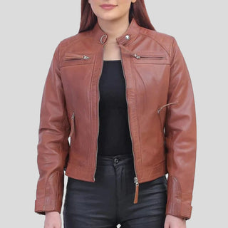 women tan leather jacket