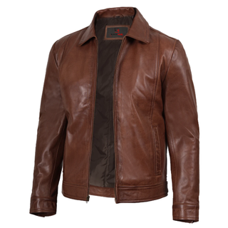 Reeves Men's Harrington Cognac Real Leather Jacket-Leathers' Mens Brown Premium Classic Motorcycle Trucker Leather Jacket